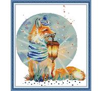 ABEUTY Cross Stitch Kits Fox with Lantern for Adults Pre Printed or NOT, DIY 14 Count Embroidery Sewing Starter Kit Stamped or Unstamped DMC Needlework Easy Beginners (Unstamped)