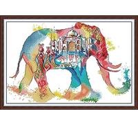 ABEUTY Cross Stitch Kits Indian Watercolor Elephant for Adults Pre Printed or NOT, DIY 14 Count Embroidery Sewing Starter Kit Stamped or Unstamped DMC Needlework Easy Beginners (Stamped)