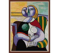 ABEUTY Cross Stitch Kits Picasso Reading for Adults Pre Printed or NOT, DIY 14 Count Embroidery Sewing Starter Kit Stamped or Unstamped DMC Needlework Easy Beginners