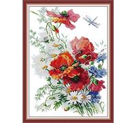 ABEUTY Cross Stitch Kits Poppies for Adults Pre Printed or NOT, DIY 14 Count Embroidery Sewing Starter Kit Stamped or Unstamped DMC Needlework Easy Beginners (Unstamped)