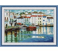 ABEUTY Cross Stitch Kits Quiet Bay for Adults Pre Printed or NOT, DIY 14 Count Embroidery Sewing Starter Kit Stamped or Unstamped DMC Needlework Easy Beginners (Unstamped)