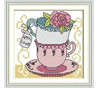 ABEUTY Cross Stitch Kits Tea Cup Red Rose for Adults Pre Printed or NOT, DIY 14 Count Embroidery Sewing Starter Kit Stamped or Unstamped DMC Needlework Easy Beginners