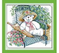 ABEUTY Cross Stitch Kits White Bear for Adults Pre Printed or NOT, DIY 14 Count Embroidery Sewing Starter Kit Stamped or Unstamped DMC Needlework Easy Beginners (Unstamped)