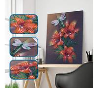 ABEUTY Diamond Painting DIY 5D Special Shape Rhinestones, Red Daffodil Lily Flower & Dragonfly, Partial Drill Crystal Diamond Art Kits