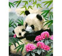 ABEUTY DIY Fabric Decorating Kits, Paint by Numbers Panda Mother & Bamboo Flowers 16x20 inches Number Painting Wall Art (Panda, No Frame)