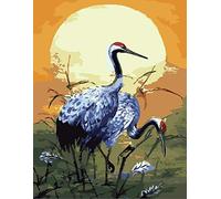 ABEUTY DIY Fabric Decorating Kits, Paint by Numbers Red-crowned crane Sunset Animal 16x20 inches Number Painting Wall Art (Crane, No Frame)
