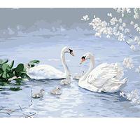 ABEUTY DIY Fabric Decorating Kits, Paint by Numbers White Swan Lakeside Animal 16x20 inches Number Painting Wall Art (White Swan, No Frame)