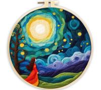 ABEUTY Needle Felting Kits Picture for Beginners Adults, Red Woman Starry Night Scene DIY Wool Felt Painting Starter Kit with Embroidery Hoop and Tools for Home Decor (Moon)