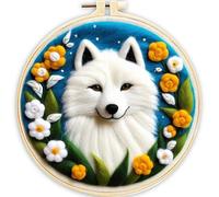 ABEUTY Needle Felting Kits Picture for Beginners Adults, White Wolf Flowers DIY Wool Felt Painting Starter Kit with Embroidery Hoop and Tools for Home Decor (Wolf)