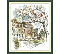 ABEUTY Pre Printed 14 Count Cross Stitch Kits Autumn Forest Cottage Pattern for Adults Beginners, DIY Stamped Advanced Embroidery Starter Kit 32×38cm Needlework Set