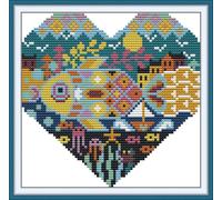 ABEUTY Pre Printed 14 Count Cross Stitch Kits Heart Shaped Ocean World Pattern for Adults Beginners, DIY Stamped Advanced Embroidery Starter Kit 18×18cm Needlework Set (Heart)