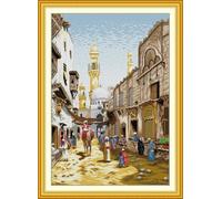 ABEUTY Pre Printed 14 Count Cross Stitch Kits Middle Eastern Old Town Bazaar Pattern for Adults Beginners, DIY Stamped Advanced Embroidery Starter Kit 46x64cm Needlework Set (Town)