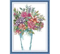 ABEUTY Pre Printed 14 Count Cross Stitch Kits Mixed Peony & Hydrangea Vase Bouquet Pattern for Adults Beginners, DIY Stamped Advanced Embroidery Starter Kit 32×43cm Needlework Set (Bouquet)