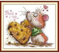 ABEUTY Pre Printed 14 Count Cross Stitch Kits Mouse with Heart-Shaped Cookie Pattern for Adults Beginners, DIY Stamped Advanced Embroidery Starter Kit 21×19cm Needlework Set (Mouse)