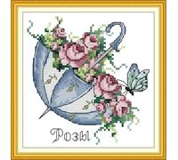 ABEUTY Pre Printed 14 Count Cross Stitch Kits Pink Rose Umbrella with Butterfly Pattern for Adults Beginners, DIY Stamped Advanced Embroidery Starter Kit 17×17cm Needlework Set (Pink)