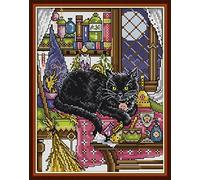 ABEUTY Printed Cross Stitch Kit and Unstamped for Adults, Cat Animal Broom 14 CT Needlework Kit DIY Artwork Home Wall Decoration