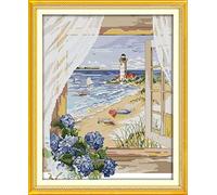 ABEUTY Printed Cross Stitch Kit and Unstamped for Adults, Sea View Outside Window 14 CT Needlework Kit DIY Artwork Home Wall Decoration