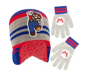 ABG Accessories Nintendo boys Winter Hat and Kids Gloves Set, Super Mario Beanie for Ages 4-7, Gray/Blue With Fleece, Age 4-7