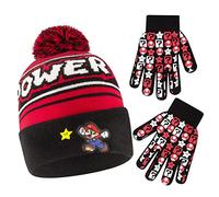 ABG Accessories Nintendo boys Winter Hat and Kids Gloves Set, Super Mario Beanie for Ages 4-7, Red/Black, Age 4-7