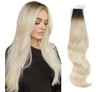 ABH AmazingBeauty Hair Dark Roots Remy Tape in Hair Extensions Blonde - Double Sided Real Human Hair Skin Weft, 20 Pieces, 50 Grams, Platinum Ash Blonde with Darkest Brown Base Color R2-60, 18 Inch