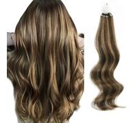 ABH AmazingBeauty Hair Micro Links Ring Hair Extensions Micro Loop Human Hair Extensions 50g 50strands Chocolate Brown with Caramel Blonde Highlights Straight Micro Ring Hair Extensions 16 Inch