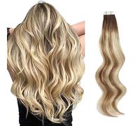 ABH AmazingBeauty Hair Semi-permanent Pre-taped Double Sided Rooted Highlight Remy Tape in Extensions, Real Remy Human Hair, Ash Brown-Beach Blonde with Dark Brown Root R3-8-613, 18 Inch