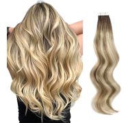 ABH AmazingBeauty Hair Semi-permanent Pre-taped Double Sided Rooted Highlight Remy Tape in Extensions, Real Remy Human Hair, Ash Brown-Beach Blonde with Dark Brown Root R3-8-613, 18 Inch
