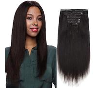 ABH AmazingBeauty Hair Yaki Straight Clip Ins Remy Human Hair Extensions for Black Women Natural Black Light Yaki Clip ins 7 Pieces 120 Gram Per Set, 12 Inch