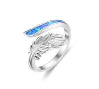 ABIGY Feather Ring 925 Sterling Silver Blue Opal Feather Ring Adjustable for Women Adjustable Ring Christmas Birthday Anniversary Jewellery Gift for Sister Wife Mom Mother