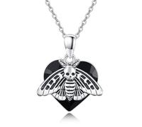 ABIGY Moth Skull Necklace 925 Sterling Silver Skull Jewellery Animal Necklace for Men Women Black Crystal Pendant Halloween Jewellery Gift for Son Brother