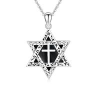 ABIGY Onyx Star of David Necklace 925 Sterling Silver Star of David Necklace Cross Onyx Pendant Hexagram Necklaces Jewish Amulet Jewellery Suitable for Men Women Gifts