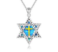 ABIGY Star of David Necklace 925 Sterling Silver Star of David Pendant with Cross Opal Pendant Hexagram Jewish Amulet Christmas Anniversary Birthday Jewellery Gifts for Men Women
