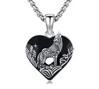 ABIGY Wolf Necklace 925 Sterling Silver Black Crystal Pendant Wolf Jewellery Heart Shaped Black Crystal Necklace Christmas Birthday Anniversary Jewellery Gift for Men Son Brother