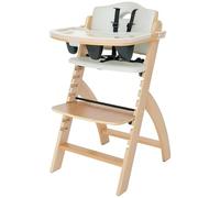 Abiie Beyond Junior Wooden High Chair with Tray - Adjustable and Convertible High Chair for Babies and Toddlers - 6 Months to 250 Lb - Water Resistant - Natural Wood/Dove Grey Cushion