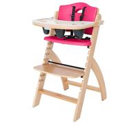 Abiie Beyond Junior Wooden High Chair with Tray - Adjustable and Convertible High Chair for Babies and Toddlers - 6 Months to 250 Lb - Water Resistant - Natural Wood/Raspberry Cushion