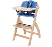 Abiie Beyond Junior Wooden High Chair with Tray - Convertible, Adjustable, Foldable High Chair for Babies and Toddlers - 6 Months to 250 Lb - Water Resistant - Natural Wood/Blue Cushion
