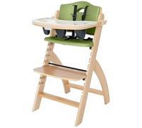 Abiie Beyond Junior Wooden High Chair with Tray - Convertible, Adjustable, Foldable High Chair for Babies and Toddlers - 6 Months to 250 Lb - Water Resistant - Natural Wood/Olive Green Cushion