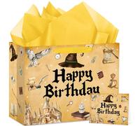Abilat Large Wizard Happy Birthday Gift Bag with Tissue Paper and Greeting Card Reusable Magical Hat Party Favor Wrapping Bag for Boys Girls Wizard Themed Birthday Party Decorations Supplies