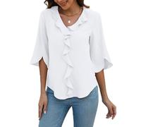 ABINGOO Women 3/4 Sleeve Chiffon Shirt Floaty Solid Color Tops Summer Tunic Blouses Casual V Neck Tops(White,L)
