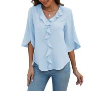 ABINGOO Women 3/4 Sleeve Chiffon Shirt Floaty Solid Color Tops Summer Tunic Blouses Casual V Neck Tops(Blue,L)