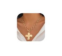 ABISIN Cross Necklace Chunky Double Deck Cross Pendant Necklace for Women Heart Pendant necklace Thick Chain Chunky Gold Statement Pendant Necklace Jewelry, 17.7, Alloy Steel, No Gemstone