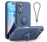 abitku for iPhone 16 Case with Ring Stand, Liquid Silicone Slim Design Support Magnetic Car Mount (with Wrist Strap Lanyard) Phone Cover for iPhone 16 6.1 inch, (Blue)