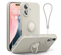 abitku for iPhone 16 Plus Case with Ring Stand, Liquid Silicone Slim Design Support Magnetic Car Mount (with Wrist Strap Lanyard) Phone Cover for iPhone 16 Plus 6.7 inch (White Stone)