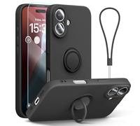 abitku for iPhone 16 Plus Case with Ring Stand, Liquid Silicone Slim Design Support Magnetic Car Mount (with Wrist Strap Lanyard) Phone Cover for iPhone 16 Plus 6.7 inch (Black)