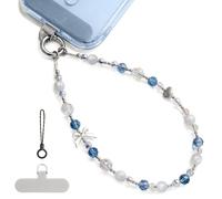 abitku Phone Charm, Pearl Crystal Beaded Wrist Strap for Women, Hands-free, Drop-proof and Anti-theft, Detachable, with Tether Tab & Black Lanyard Strap (Knots Oceans)