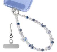 abitku Phone Charm, Pearl Crystal Beaded Wrist Strap for Women, Hands-free, Drop-proof and Anti-theft, Detachable, with Tether Tab & Black Lanyard Strap (Starlit Butterfly)