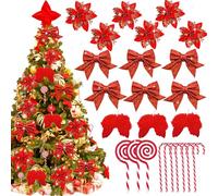 Abitoncc 24 PCS Red Christmas Tree Decorations, Red Artificial Poinsettia Flowers, Red Foam Bows, Red Feather Wings, Christmas Candy Canes Ornaments for Christmas Decorations Red
