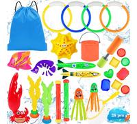 Abitoncc 28 PCS Swimming Pool Toys for Kids with Diving Rings,Torpedo, Gem, Dive Sticks and Foldable Bucket for Underwater Diving Toys Swimming Pool Sinkers for Kids