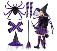 Abitoncc 5PCS Spider Costume for Kids, Candy Bag with Wings, Hat, Broom, Sleeves and Stripe Stockings for Spider Halloween Costume Kids