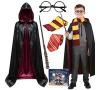 Abitoncc 5PCS Wizard Costume Set for Kids World Book Day Costume, Black Cape, Wizard Wand, Glasses, School Tie and Scarf for Kids World Book Day Parade Fancy Dress (120 CM)